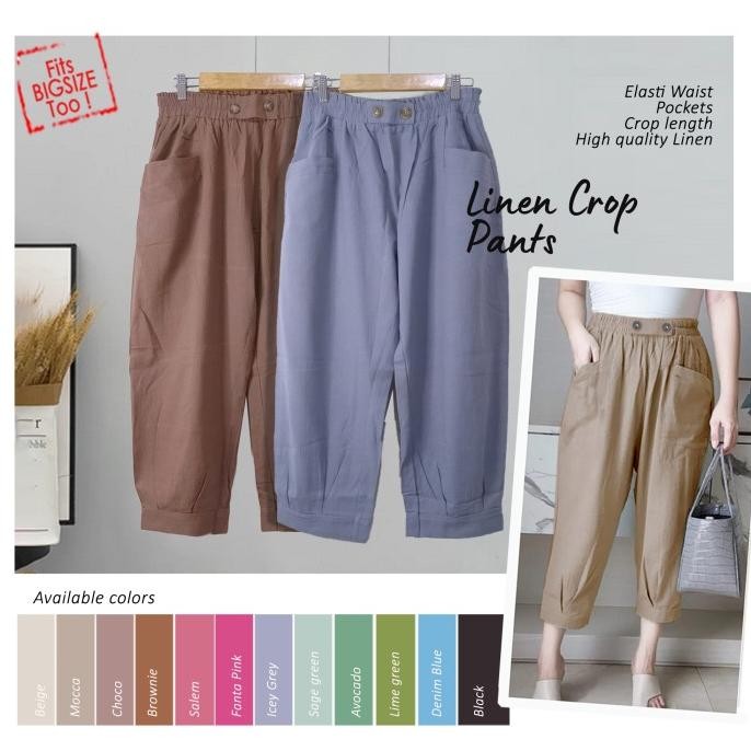 LINEN CROP PANTS CELANA CROP KANTONG DEPAN BIGSIZE JUMBO