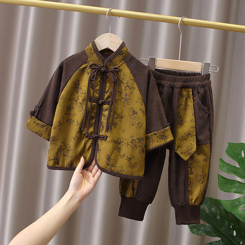 Setelan Hanfu Anak Laki-laki Lengan Panjang Gaya Cina Setelan Tang Anak Dua Bagian