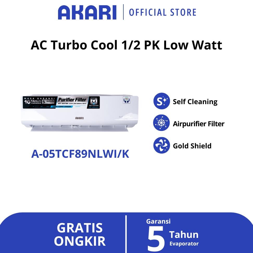 WAGI AKARI AC 1/2PK Self Cleaning Turbo Cool A-05TCF89NLWI/K Low Watt Termurah