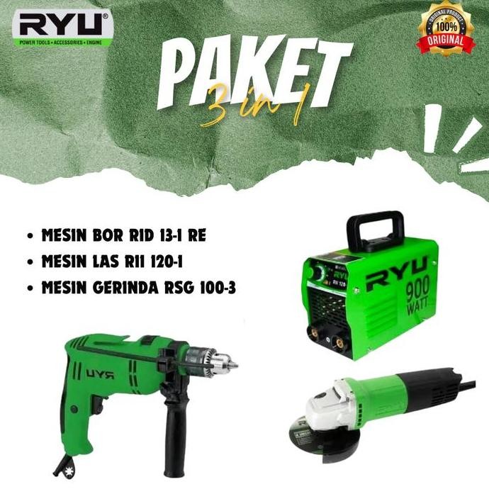 Paket 3 In 1 Mesin Las 900Watt, Mesin Bor 13Mm, Mesin Gerinda 4", Mesin Las Rii 120-1, Bor Rid 13-1 