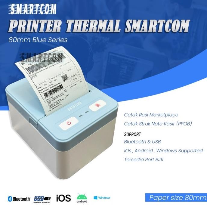 TERMURAH - SMARTCOM Printer Bluetooth Thermal 80mm Blue Color Cetak Resi dari Hp