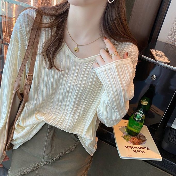 Atasan Sweater Tipis Wanita, Sweater Kerah V