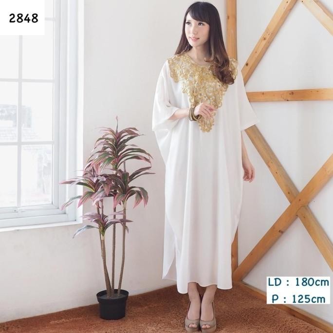 Gamis kaftan putih wanita / dress kaftan putih bordir mewah emas murah