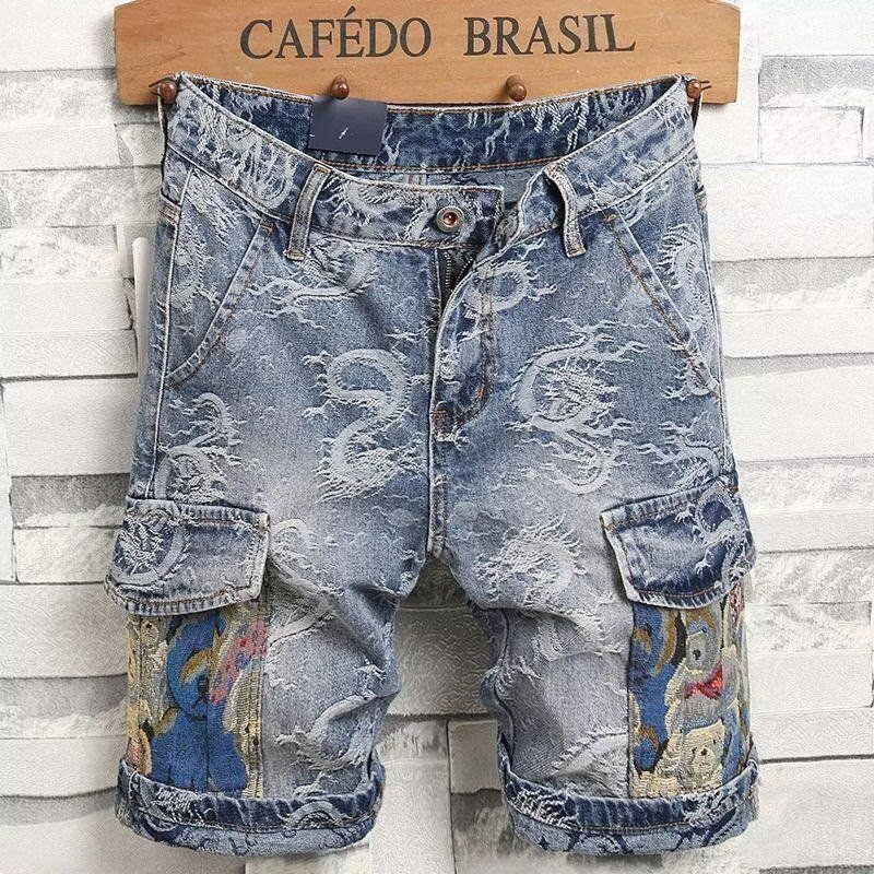 Celana Pendek Jeans Bordir Naga Pria Lima Inci