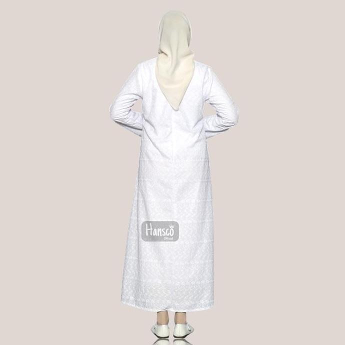 Gamis Umroh Kantong Depan Putih dengan Bordir Perlengkapan Umroh Haji Wanita
