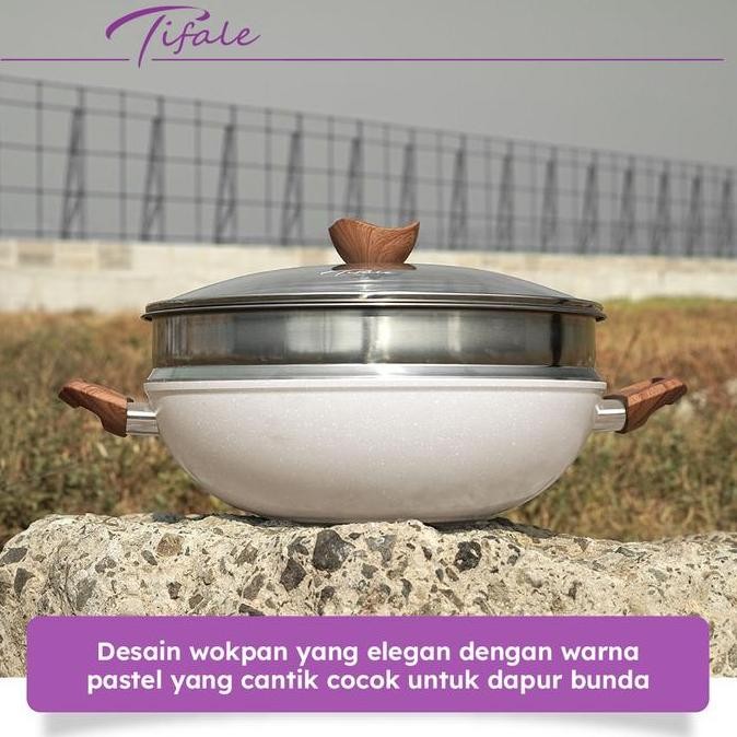 Tifale [2IN1] WHITE Wokpan Diameter 32cm + Glass Lid + Granite Steamer Non Stick / Alat Masak Wok de