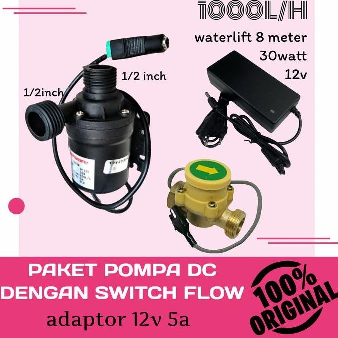 Paket Pompa Air Dc 1000L/H Adaptor 5A Dengan Flow Switch