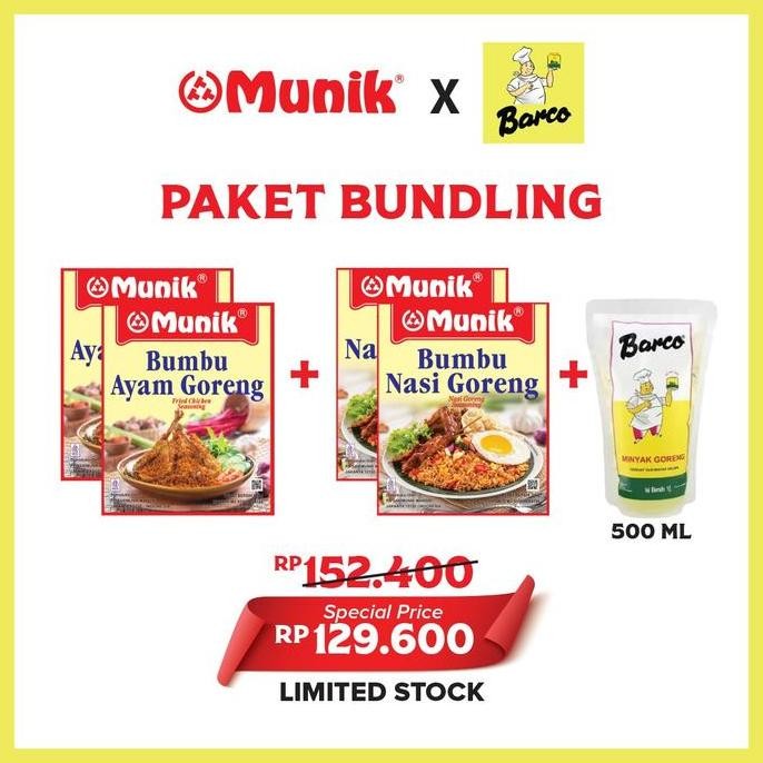 

\\\\\] Paket Bundling 2 Bumbu Munik Ayam Goreng & 2 Bumbu Munik Nasi Goreng + Minyak Barco 500ml