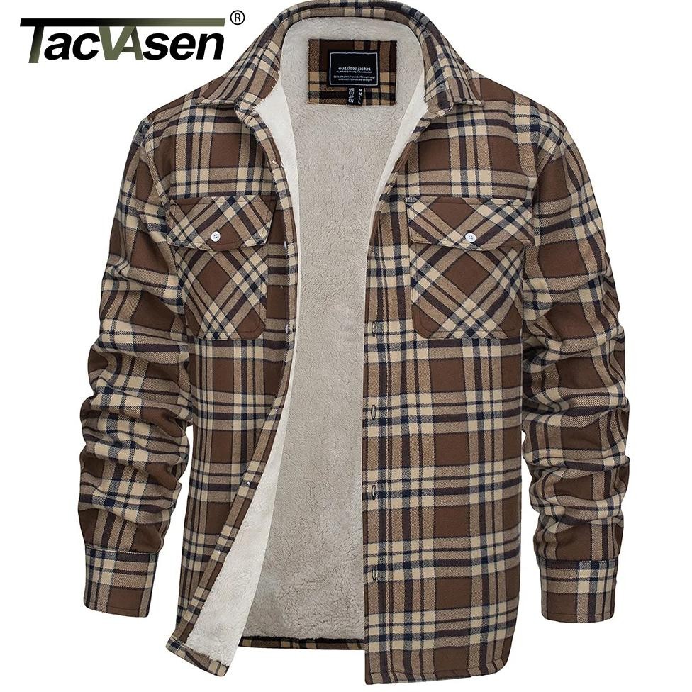 TACVASEN Men's Plaid Flannel Jacket Sherpa Fleece Lined Warm Winter Thick Working Coat Button Down S