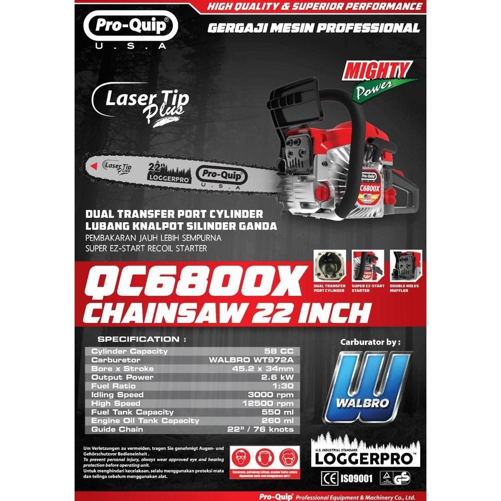 Chainsaw Potong Kayu Proquip 22 Inci TIPE QC 6800 X
