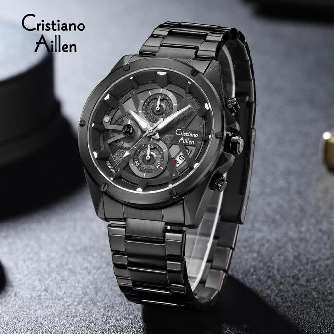 Grosir Diskon   Cristiano Aillen Jam Tangan Pria Analog 8895 Rantai Stainless Steel Chronograph Kaca