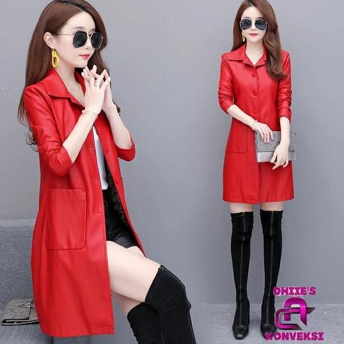 Original Jaket Coat Panjang Wanita Semi Kulit Sintetis Leather Nyaman Casual Hitam Merah Atasan Blaz