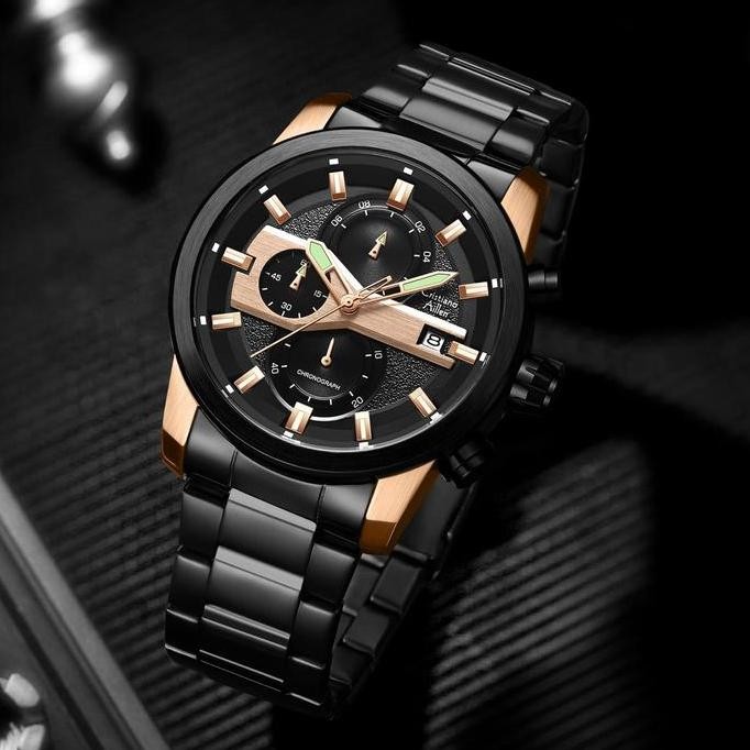 Grosir Cristiano Aillen Jam Tangan Pria Analog 8889 Rantai Stainless Steel Chronograph Kaca Sapphire