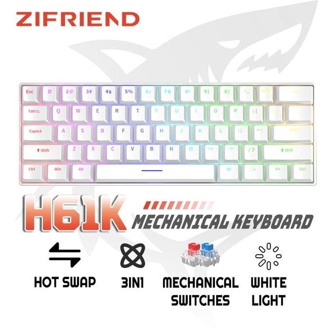 TERBARU - ZIFRIEND H61K Mechanical wirelessly Keyboard 61Keys 3 Modes Mixed Light Backlit Hotswap Co