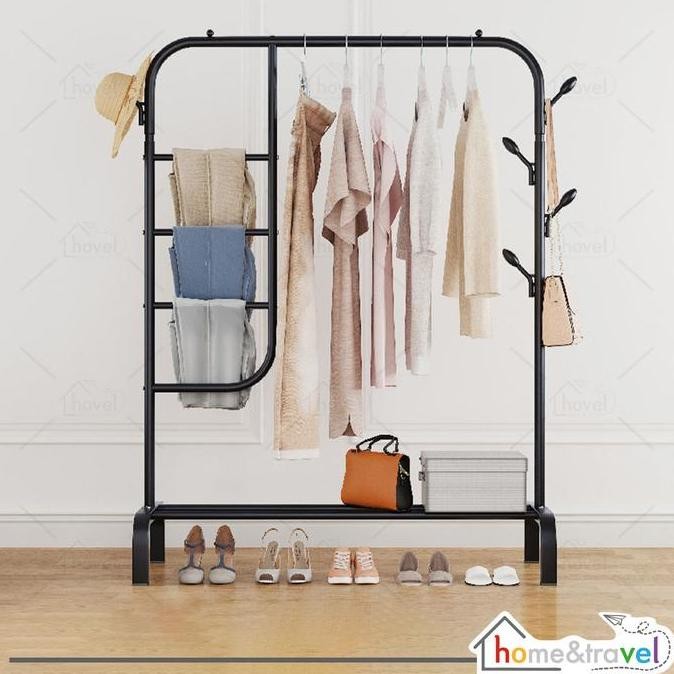 HOVELSHOP Rak Baju Jilbab Tas Sepatu Full Besi Kuat Hitam Putih Stand