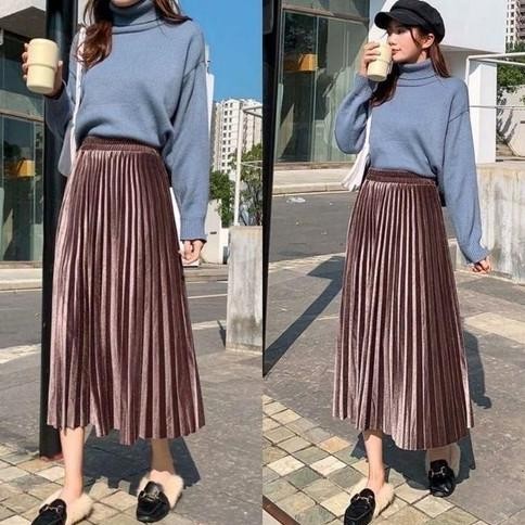 YZ Rok Plisket Bludru Mewah/ Hight Waist Pleated Midi 7/8 Skirt/Rok Plisket Velvet Rok Payung Beludr