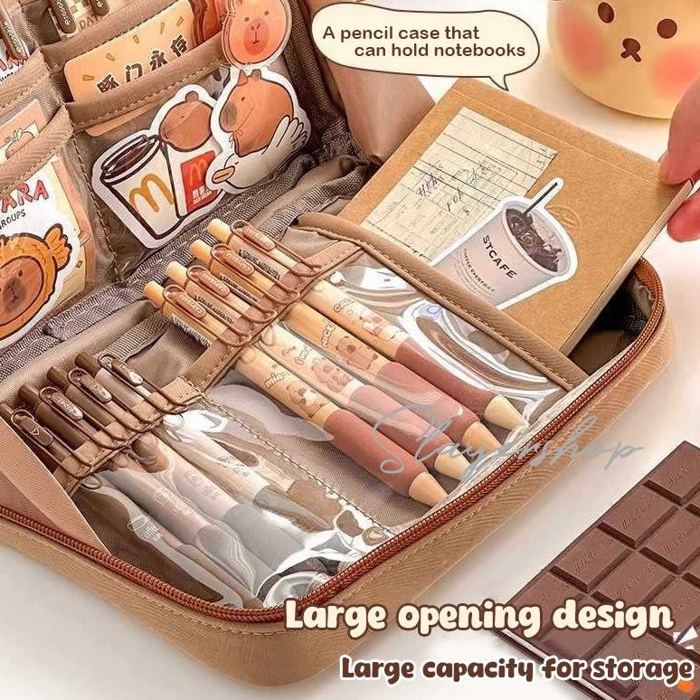 

U-45 (25Pcs Freebies)Large Capacity Kawaii Capybara Multi Layered Stationery Bag Cartoon Cute Pencil Case Simple Cosmetic Bag School Office Supplies