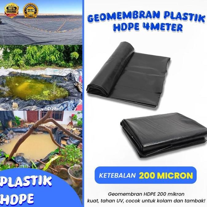 TERBARU - GEOMEMBRAN PLASTIK HDPE 4METER 200MIKRON ECER PER METER uv hitam kolam