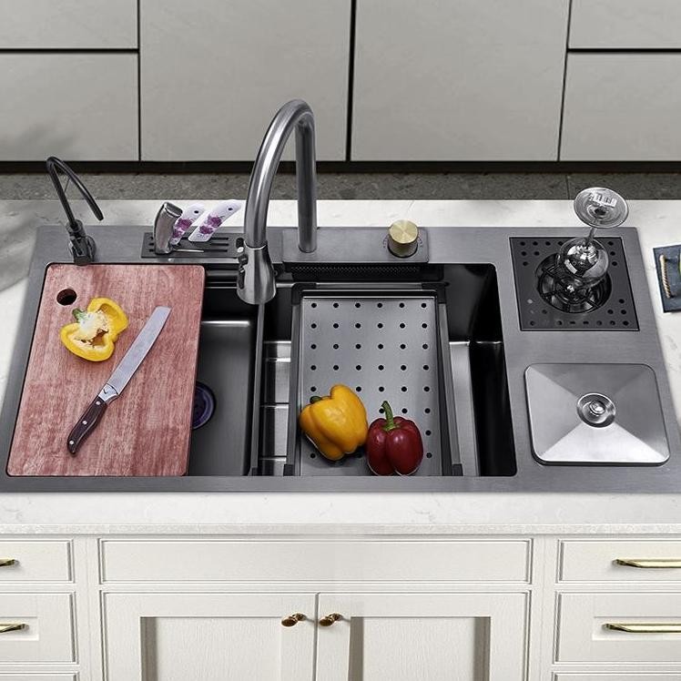 Kitchen Sink Hitam 8846 Stainless Steel 304 / BAK CUCI PIRING  Black Mewah Keran tarik/kotak tempat 