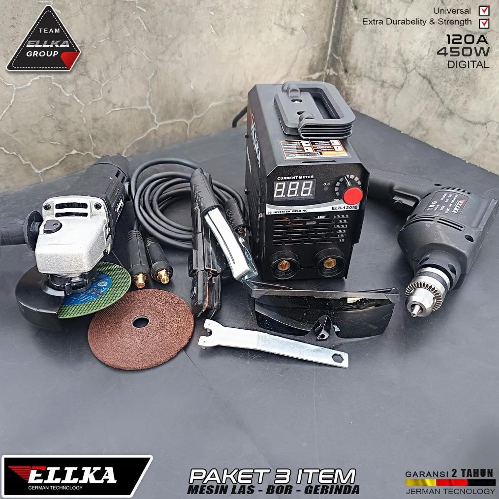 Promo Paket (3in1) Mesin Las Listrik 450 Watt MMA 120A IGBT 450 Watt + Mesin Gerinda 4inch + Bor 10m