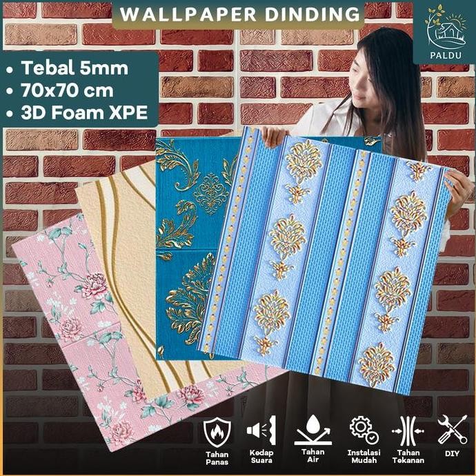 Paldu ID - WALLPAPER STIKER 70cm x 70cm Motif Batik Bunga Salur Batu Bata Ekspose 3D Foam Aesthetic 