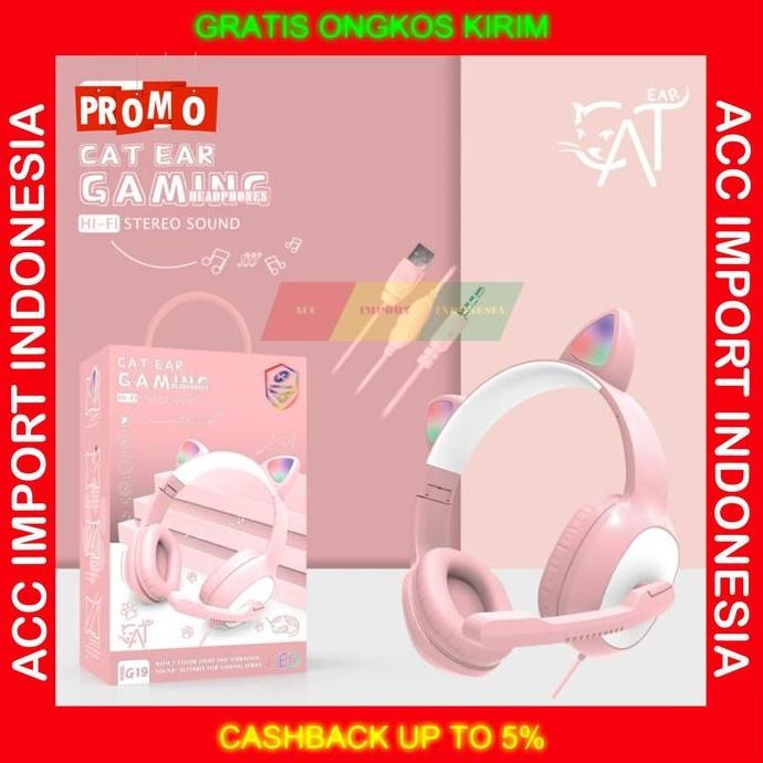 Cat Ear Headphone Telinga Kucing Headset Gaming Cewek Pink Lucu Mic New Stok