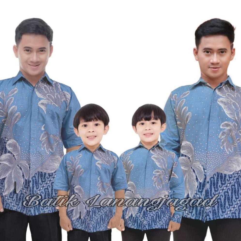 Batik Pria Batik Ayah dan Anak Laki Laki Kemeja Batik Anak Cowok Motif Anggrek Warna Biru Muda Soft 
