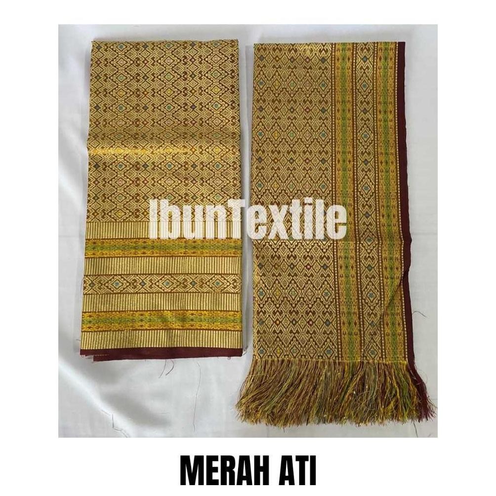 SY set Kain songket Palembang , selendang dan sarung Variasi Merah Ati , kain songket , kain songket
