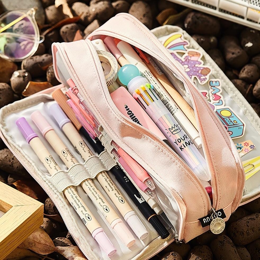 

Fuz-611 [Cod] Angoo Kawaii Large Capacity Pencil Case 3 Compartment Pouch Pen Bag Double Side Opening Student Stationery Organizer School Supplies