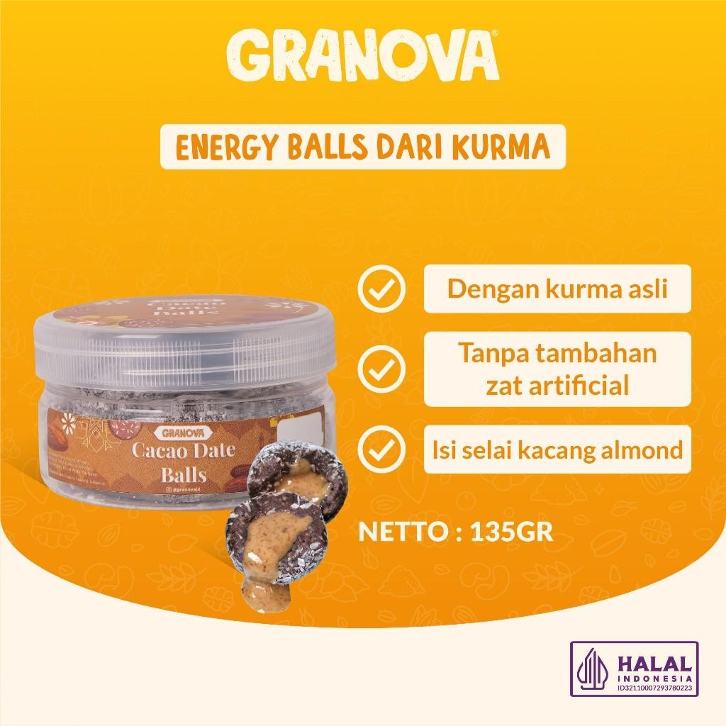 

NEW PRODUCT GRANOVA - SNACK KURMA RASA COKLAT DENGAN ISI SELAI ALMOND / ENERGY BALL / CACAO DATE BALLS NATURES TOUCH.