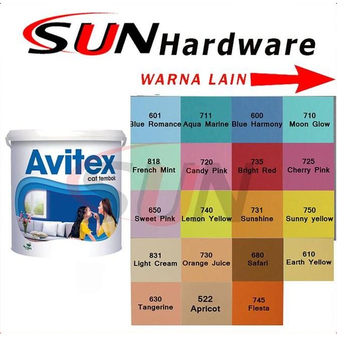 Cat Tembok Avitex 5 Kg Dinding Rumah Grc Gypsum Plafon Murah Interior Putih Merah Biru Hijau Kuning 