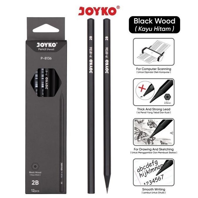 

''Terlaris" (12Pc) Pencil Pensil Joyko P-8136 2B Kayu Hitam Hexagonal Murah