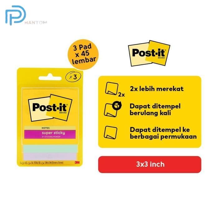 

BARU POST-IT 3M SUPER STICKY NOTES 3X3" 45LEMBAR (ISI 3 PAD) 3321-3SSJP SWT