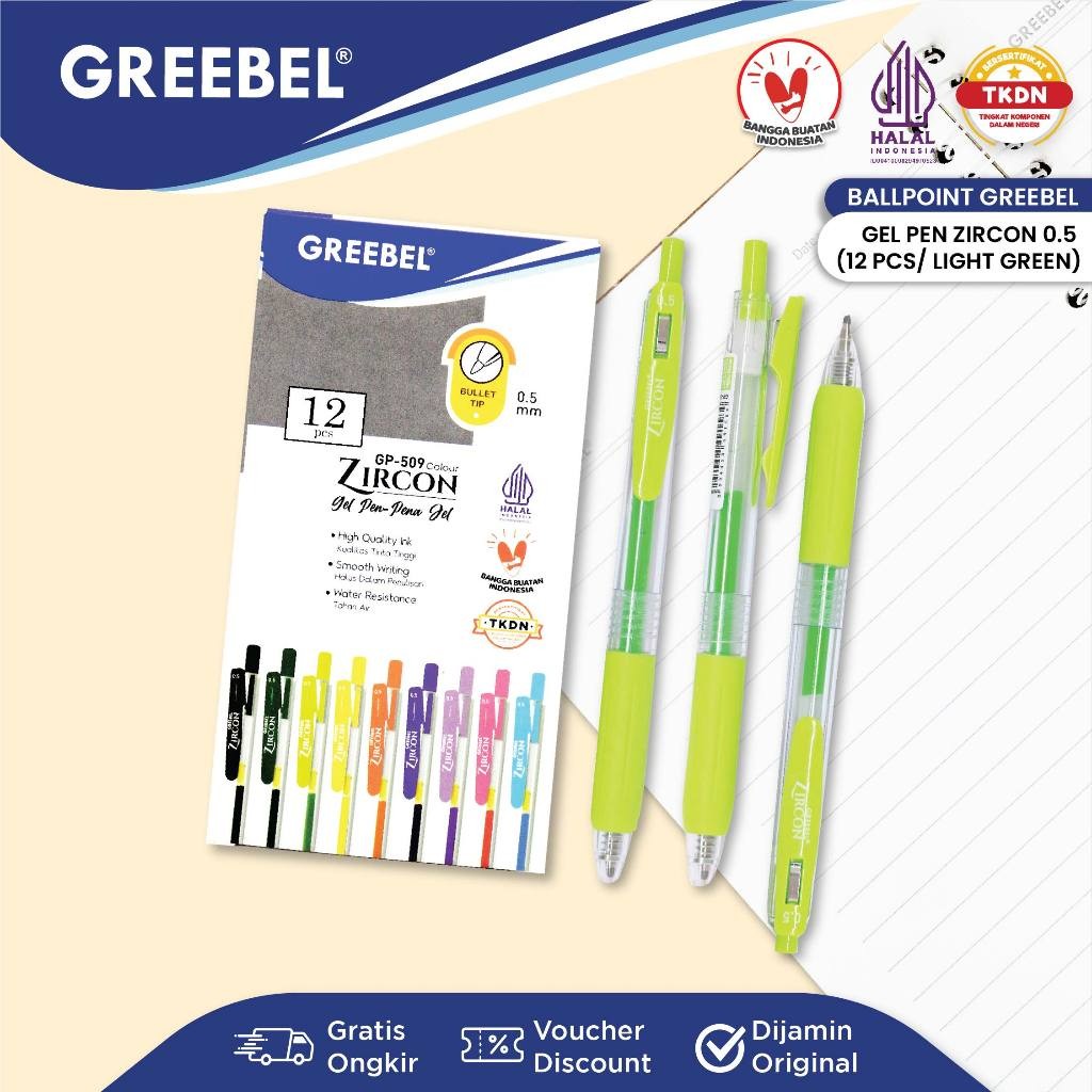 

GREEBEL PULPEN GEL / Gel Pen Zircon GP-509 0.5 Light Green (12PCS/SET) / Ballpen Gel Ballpoint Bolpen Bolpoin Pena Gel