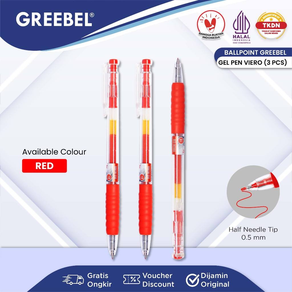 

GREEBEL Pulpen Gel / Gel Pen GP-504 Viero Merah 0.5 (3PCS/SET) / Ballpen Gel Ballpoint Bolpen Bolpoin Pena Gel