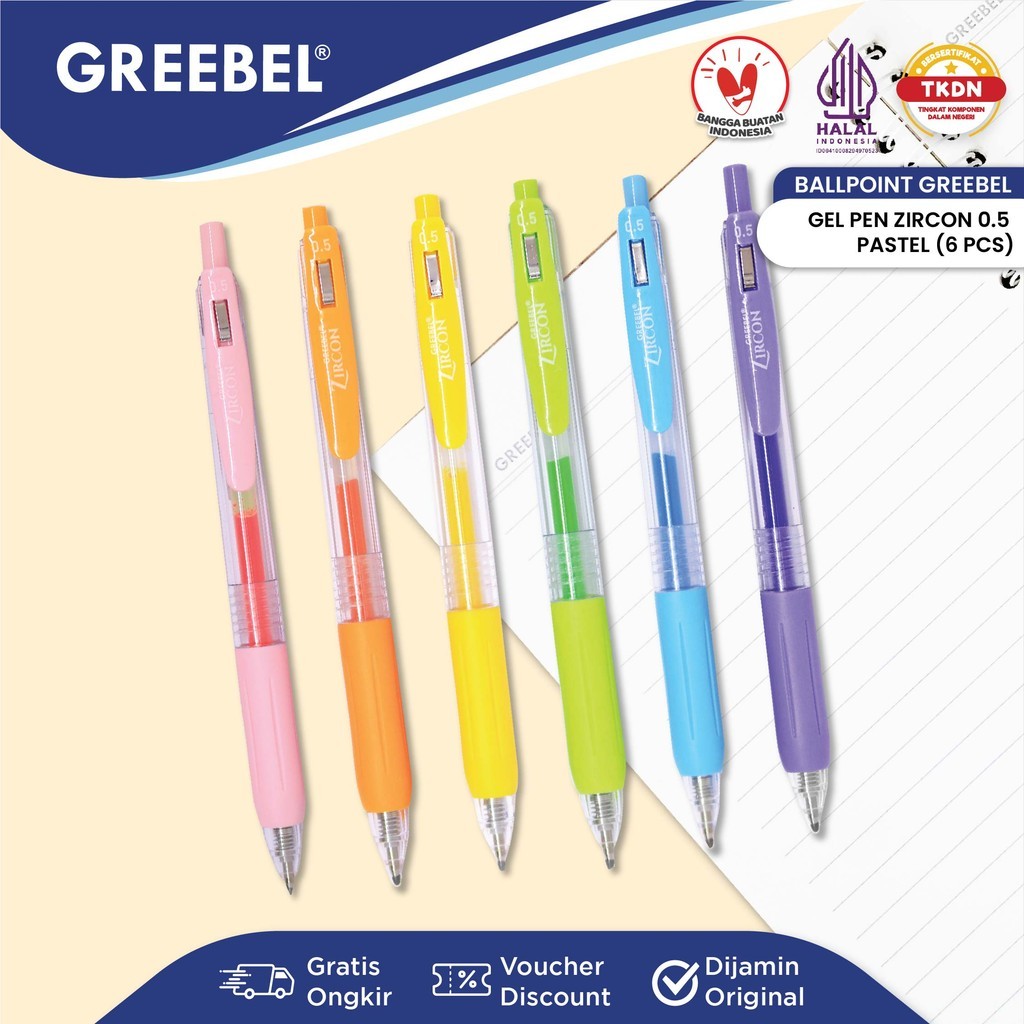 

GREEBEL Pulpen Gel Warna Warni / Gel Pen GP-509 Zircon Pastel Colour 0.5 (6PCS/SET) / Paket Pulpen Warna Set