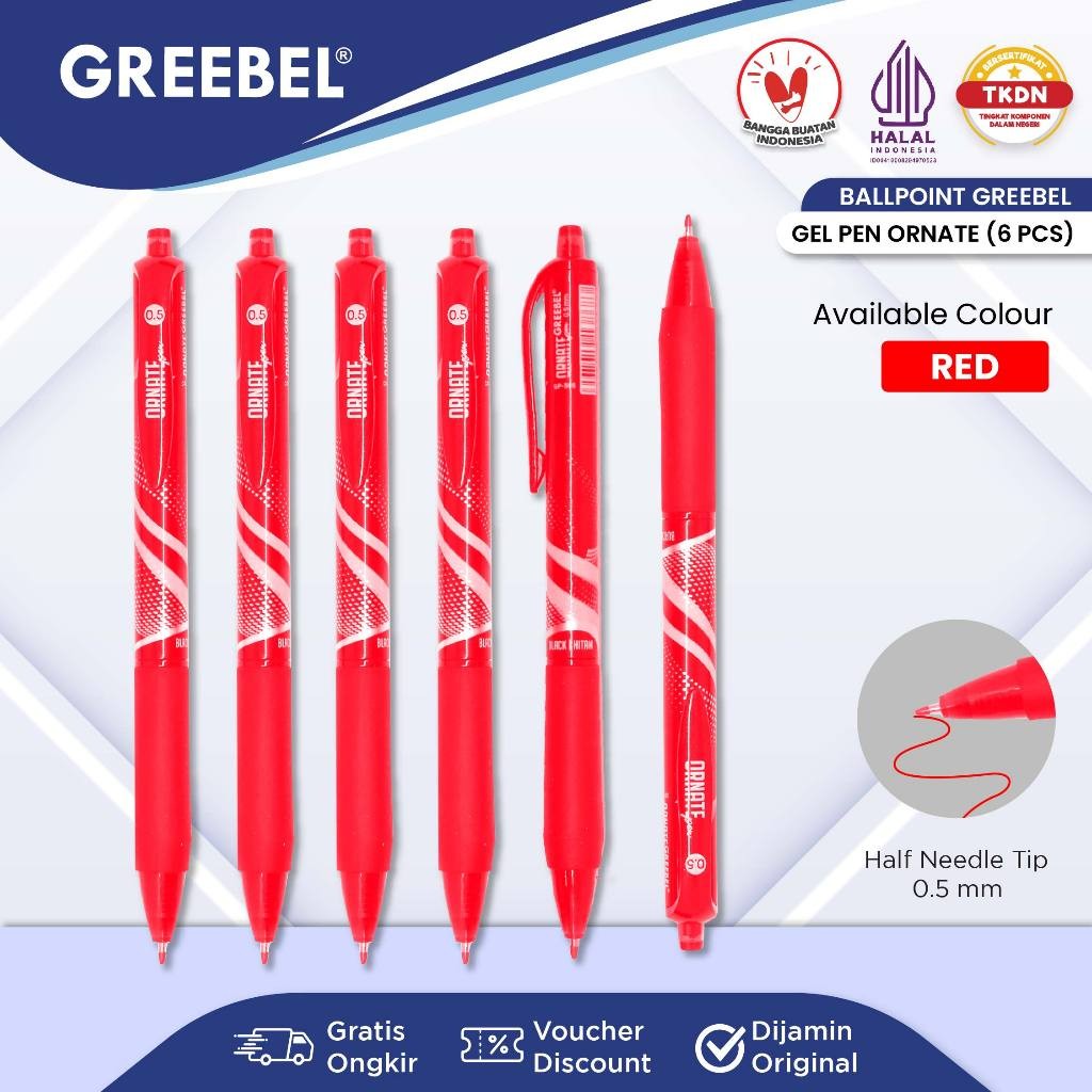 

GREEBEL Pulpen Gel / Gel Pen GP-505 Ornate Merah 0.5 (6PCS/SET) / Ballpen Gel Ballpoint Bolpen Bolpoin Pena Gel