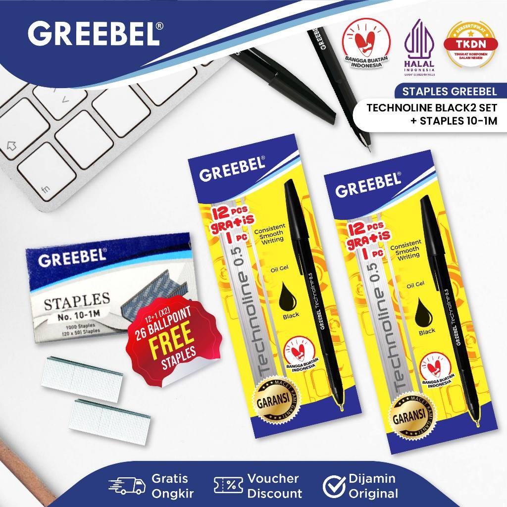 

GREEBEL BALLPEN / Technoline Black 2 Lusin + Isi Staples 10-1M / Ballpen Pena Bolpoin Hitam
