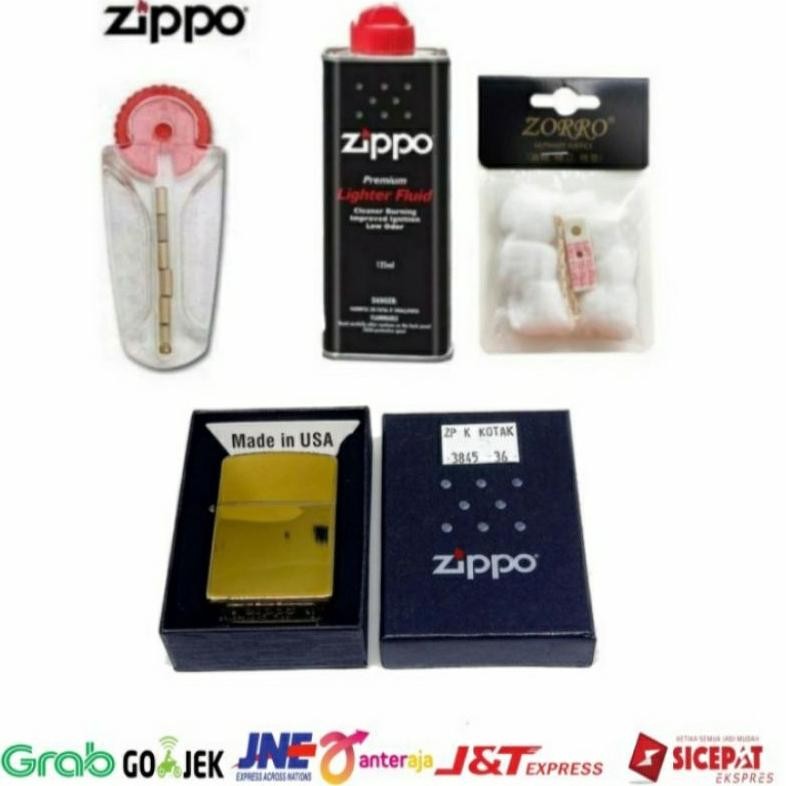 Paket Komplit Korek Zippo Gold Lengkap Plus Minyak Batu Kapas dan Sumbu Zippo