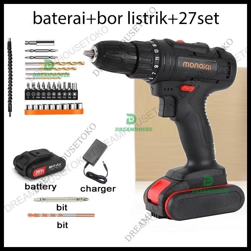 MESIN BOR MURAH ALAT-ALAT LISTRIK BOR LISTRIK + BATERAI + CHARGER 36V TANPA KABEL BOR LISTRIK BOR LI