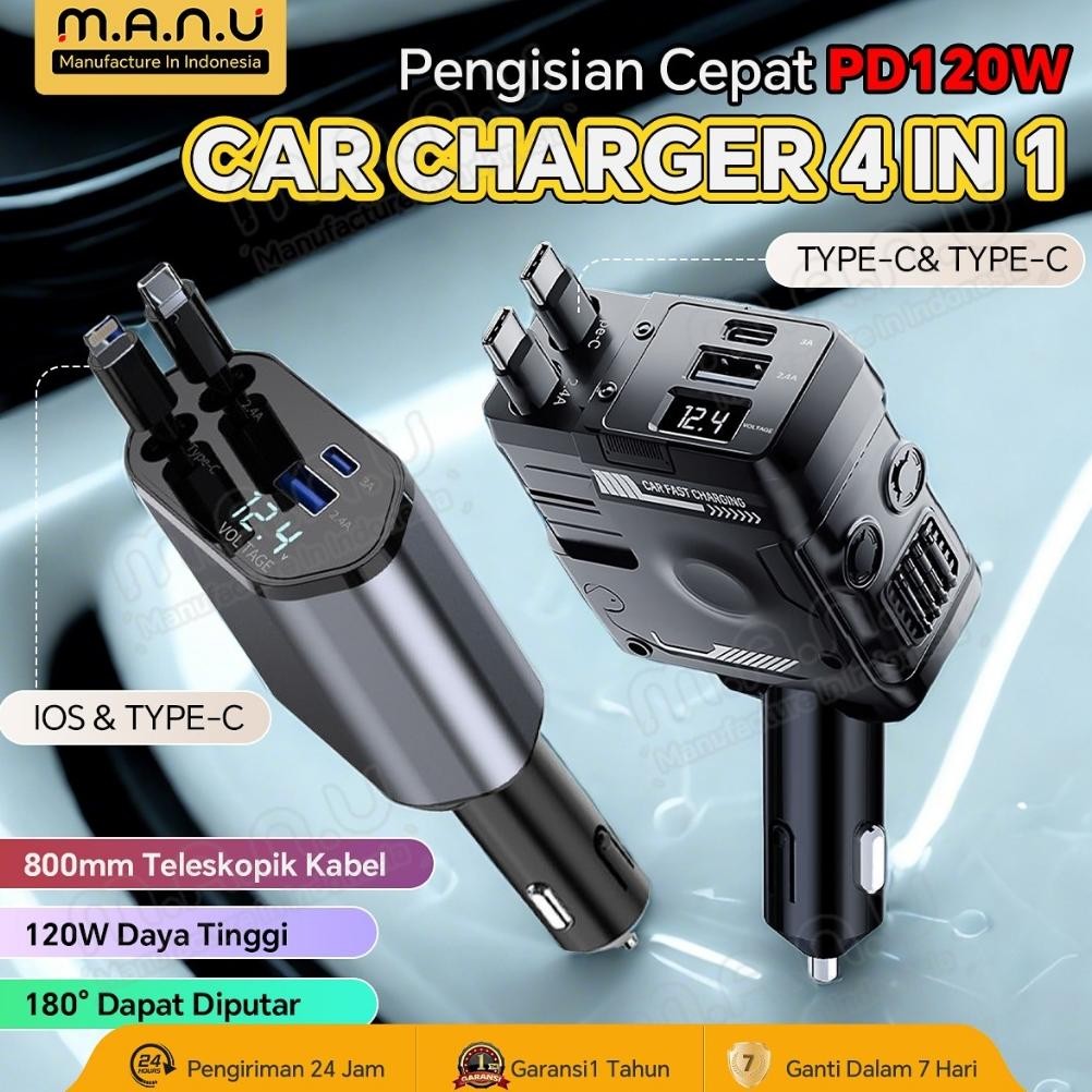 MERBAU Manu Car Charger 120W Super Cepat 4 in 1 Pengisi Daya Pemantik Rokok Mobil dengan Kabel Fleks