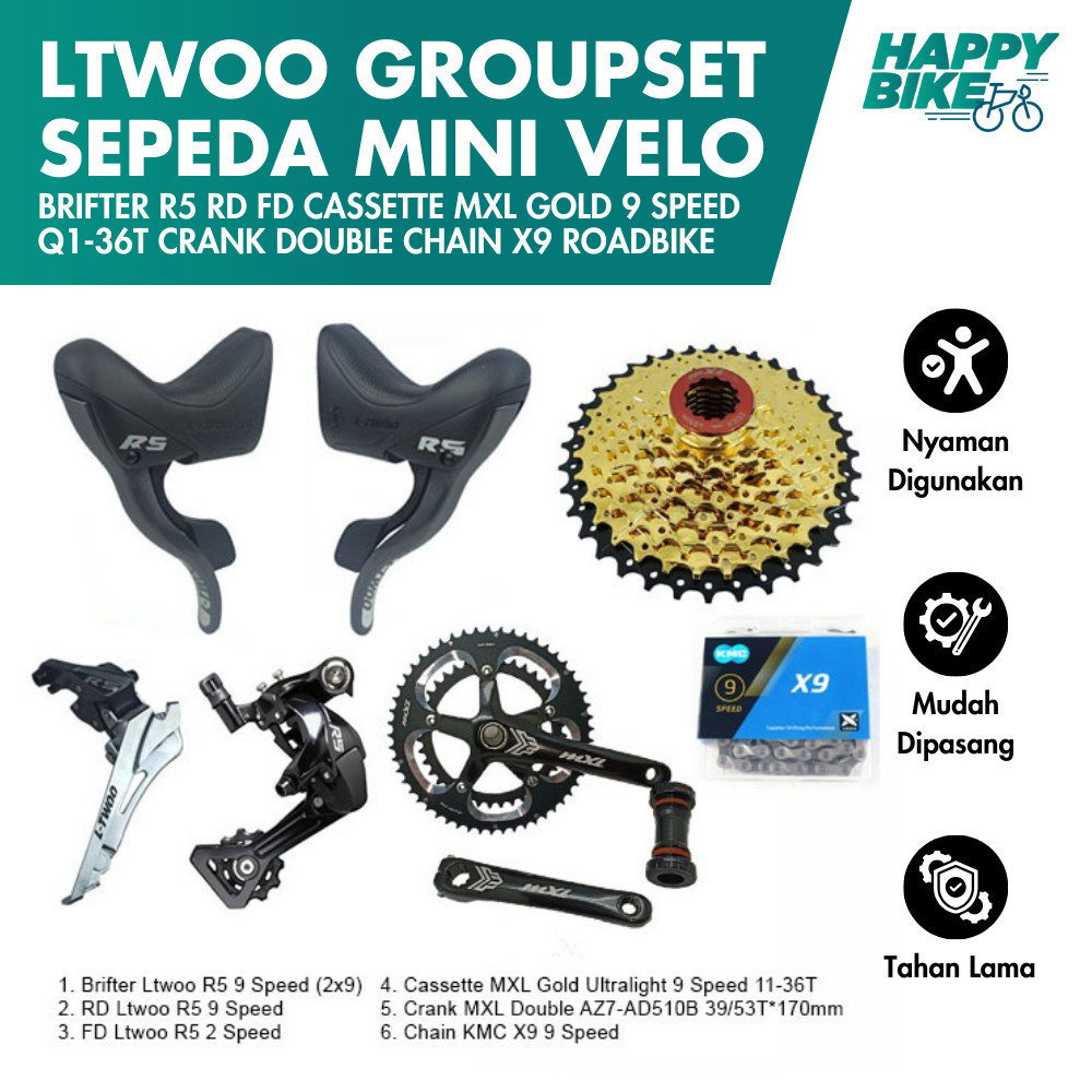 Happy Bike Groupset Komponen Sepeda Roadbike /Minivelo LTWOO Brifter R5 RD FD Cassette MXL Gold 9 Sp