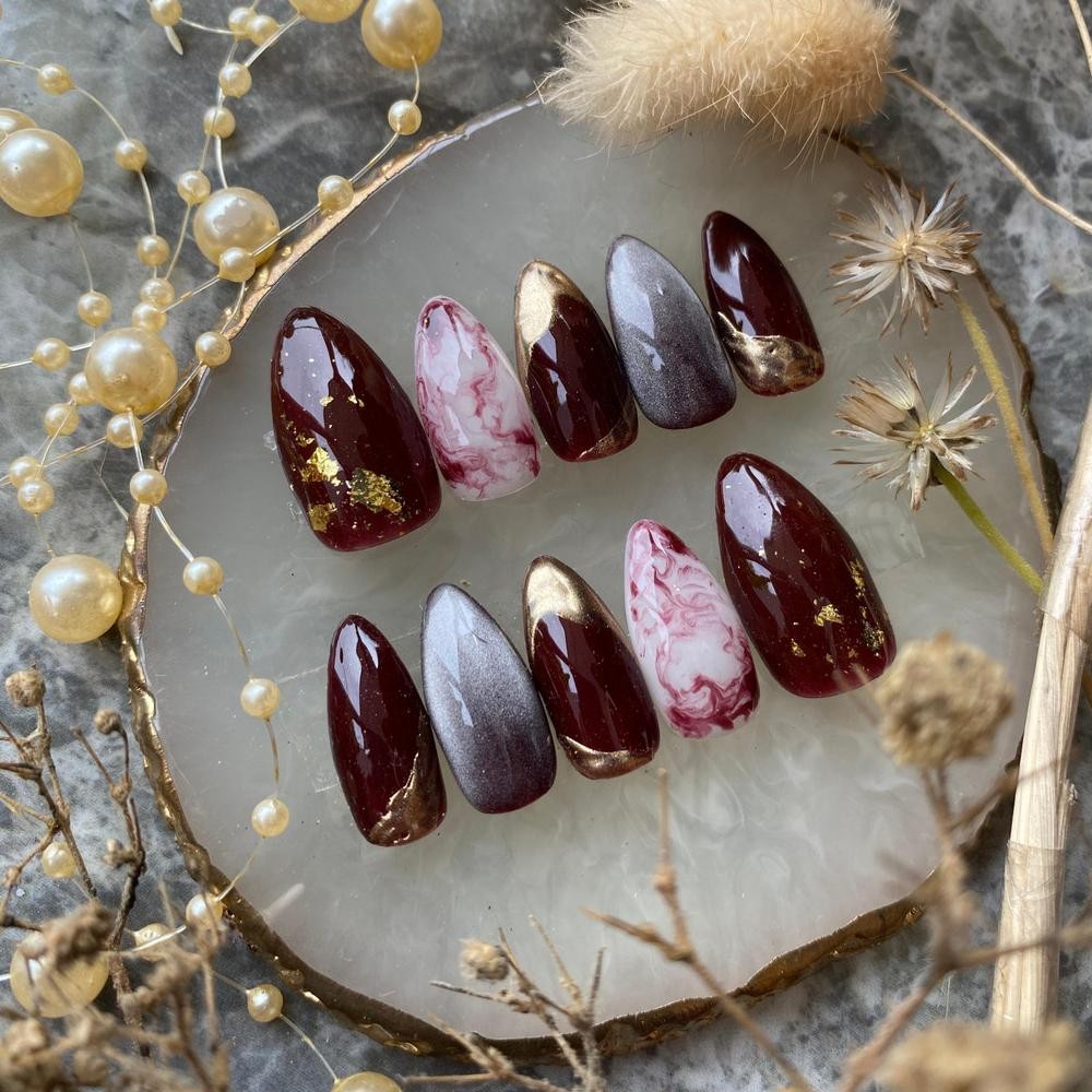 NEW!!! Nail art kuku palsu + lem| Kuku palsu maroon pengantin| Press on nails maroon| Fake nails Vol