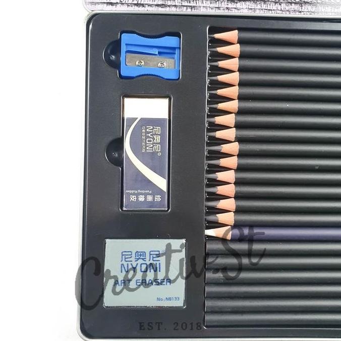 

Hot Sale !!! Nyoni Paket Pensil Gambar Sketsa Arang Tin Case