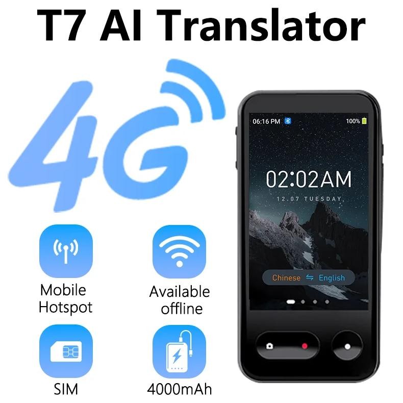

T7 AI Translator 5MP 138 Languages Voice Photo Translation Available offline Multifunction Support Wifi/4G Card
