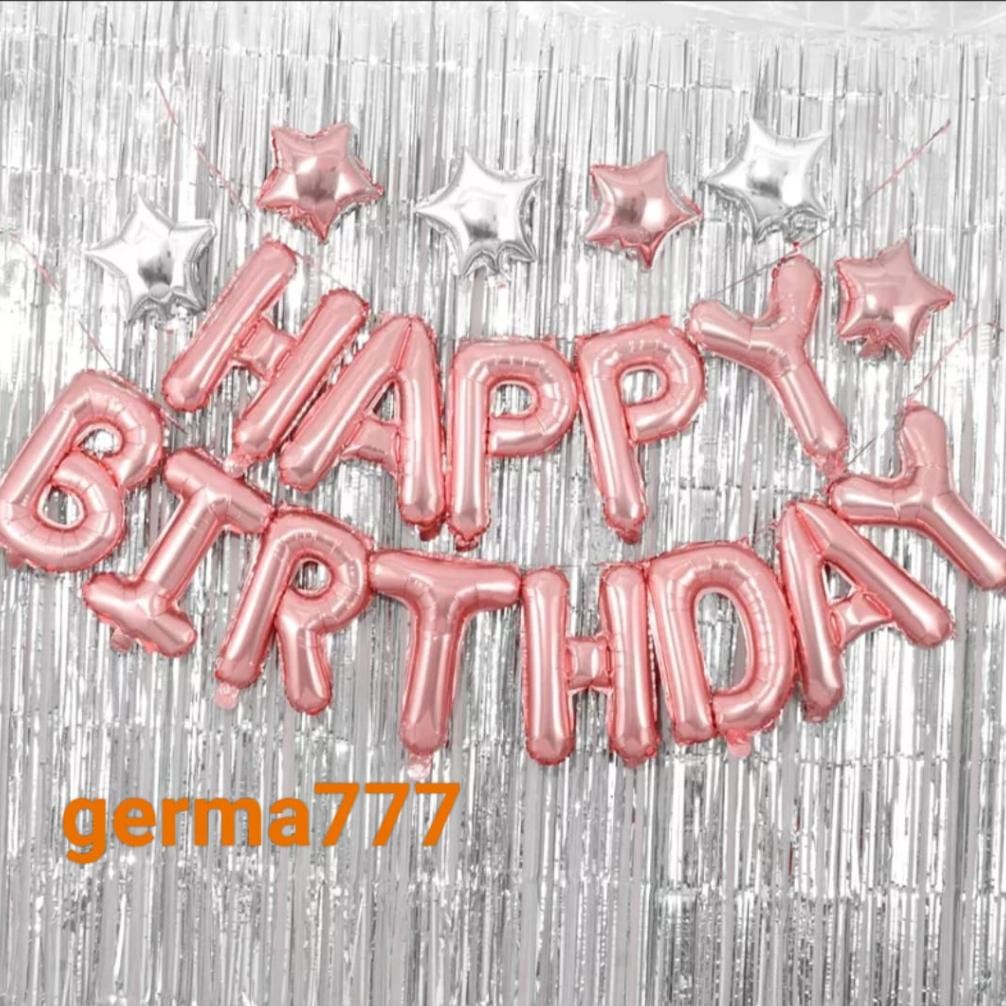 Ready Paket Dekorasi Ulang Tahun Tirai Silver & Balon Happy Birthday Warna Rosegold Free Balon Angka