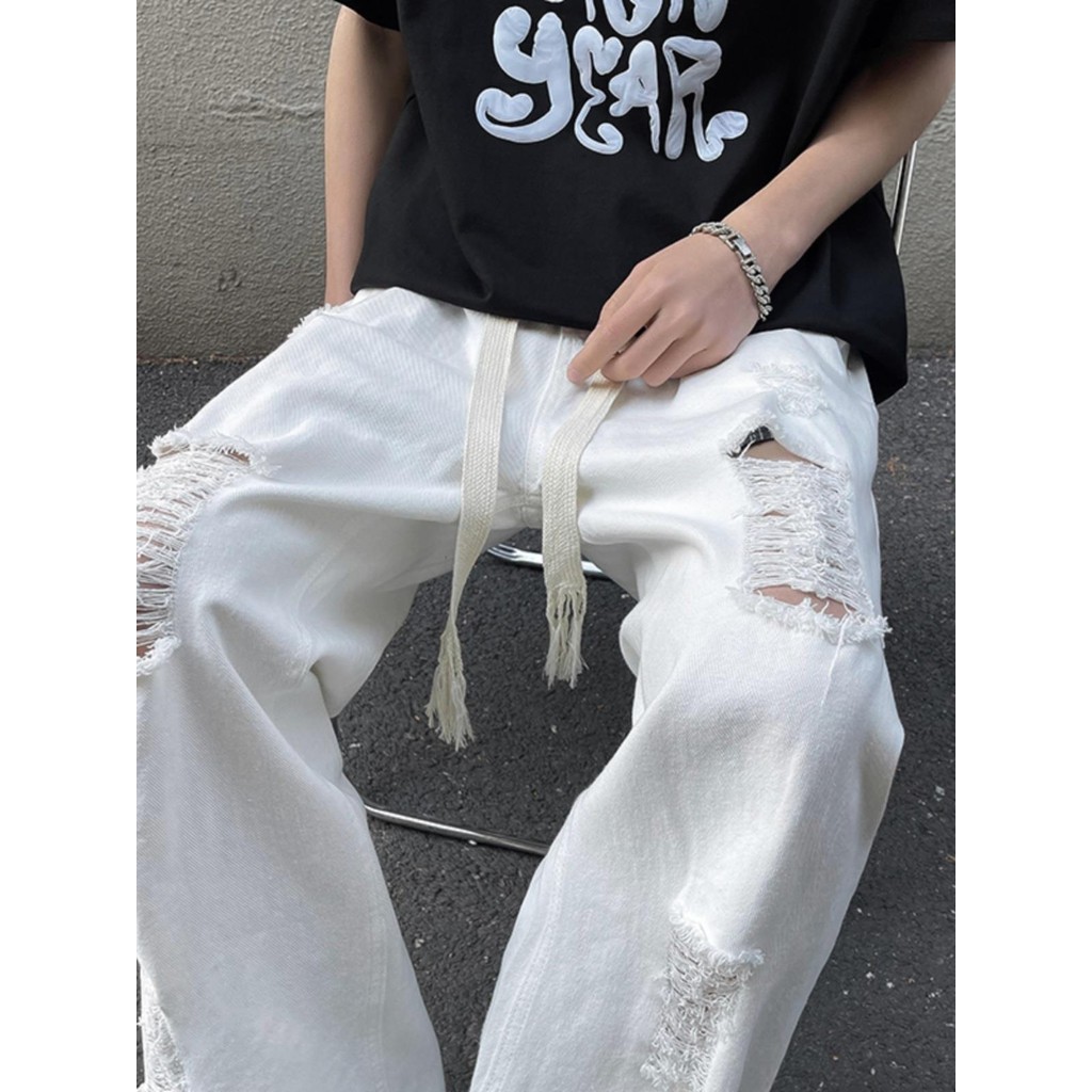 Tn. Di dalam COD celana jeans putih robek musim panas pria elastis elastis celan