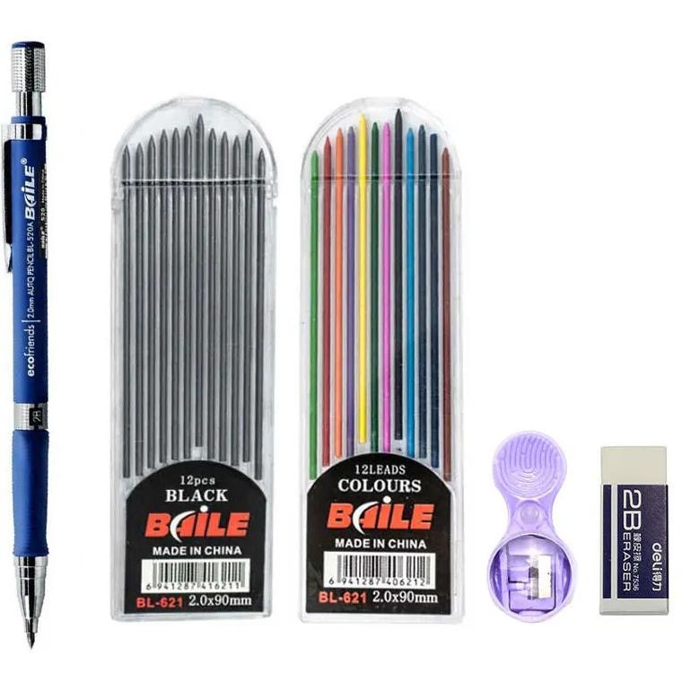 

2.0Mm Mechanical Pencil Set 2B Automatic Pencils With Color/Black Lead Refills For Draft Drawing, Writing, Crafting, Art Sketch