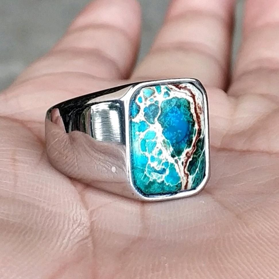Paling Murah Terbaru CINCIN BATU AKIK NATURAL PIRUS BIRU MINIMALIS OCTAGON TITANIUM SILVER Berkualit
