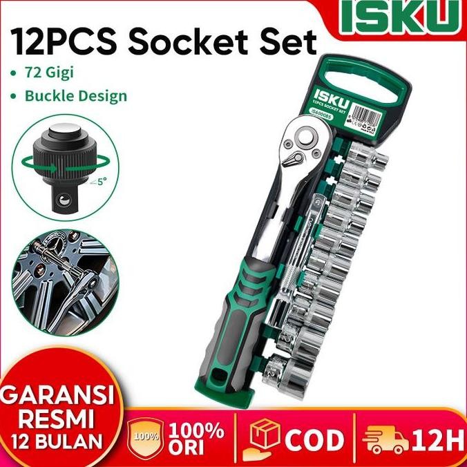 ISKU Kunci Sok Set CR-V 12 PCS Kunci Sok Wrench 1/2" Rachet Kunci Set Promo
